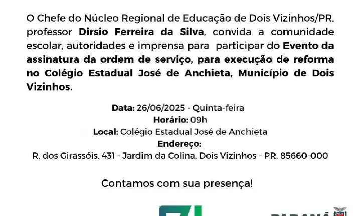 PREFEITURA CONVIDA POPULAÇÃO PARA ASSINATURA DA ORDEM DE SERVIÇO DE REFORMA DO COLÉGIO ESTADUAL JOSÉ DE ANCHIETA