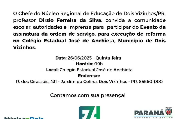 PREFEITURA CONVIDA POPULAÇÃO PARA ASSINATURA DA ORDEM DE SERVIÇO DE REFORMA DO COLÉGIO ESTADUAL JOSÉ DE ANCHIETA