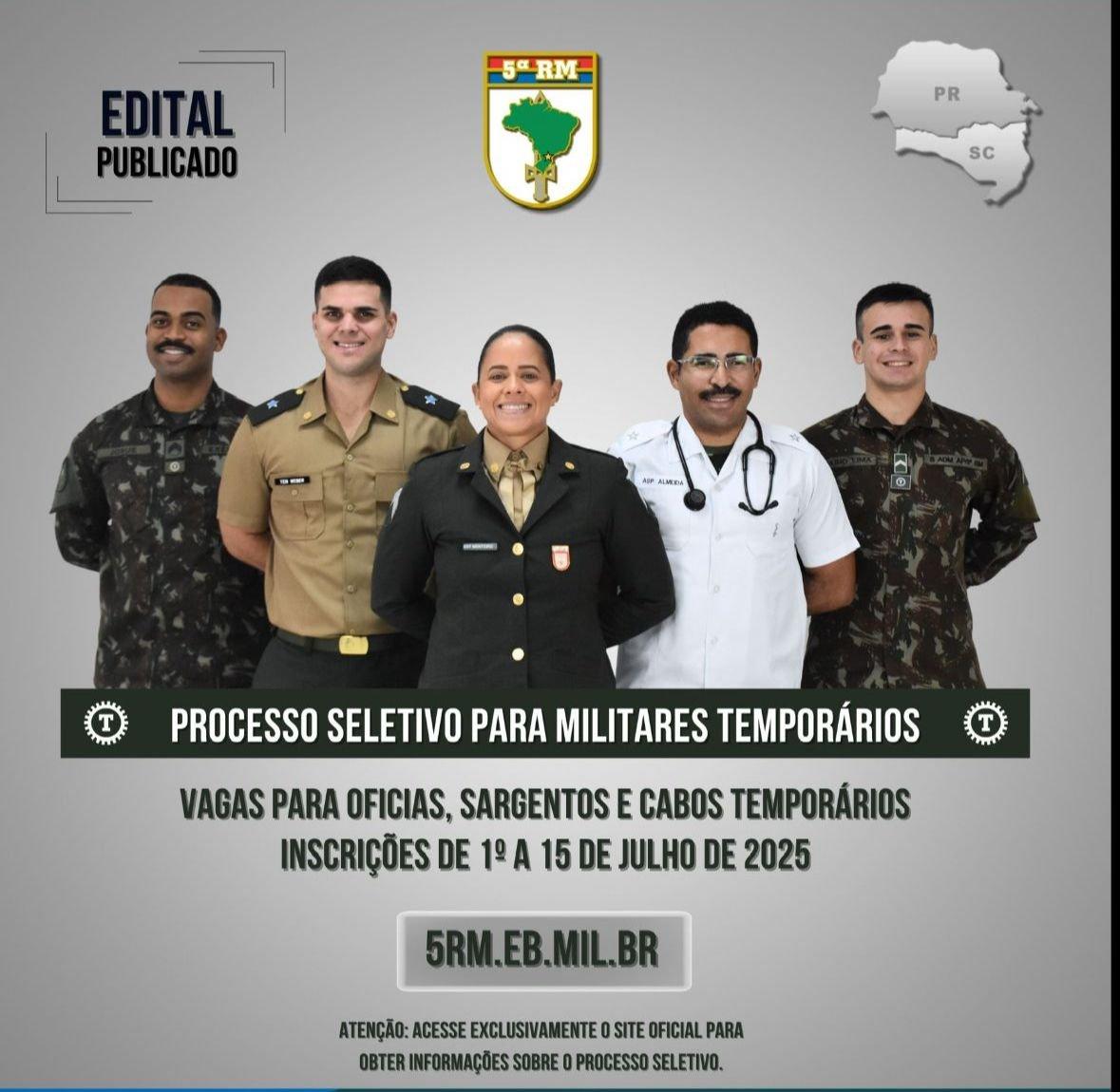 EXÉRCITO ABRE SELEÇÃO PARA OFICIAIS E SARGENTOS TEMPORÁRIOS NA 5ª REGIÃO MILITAR