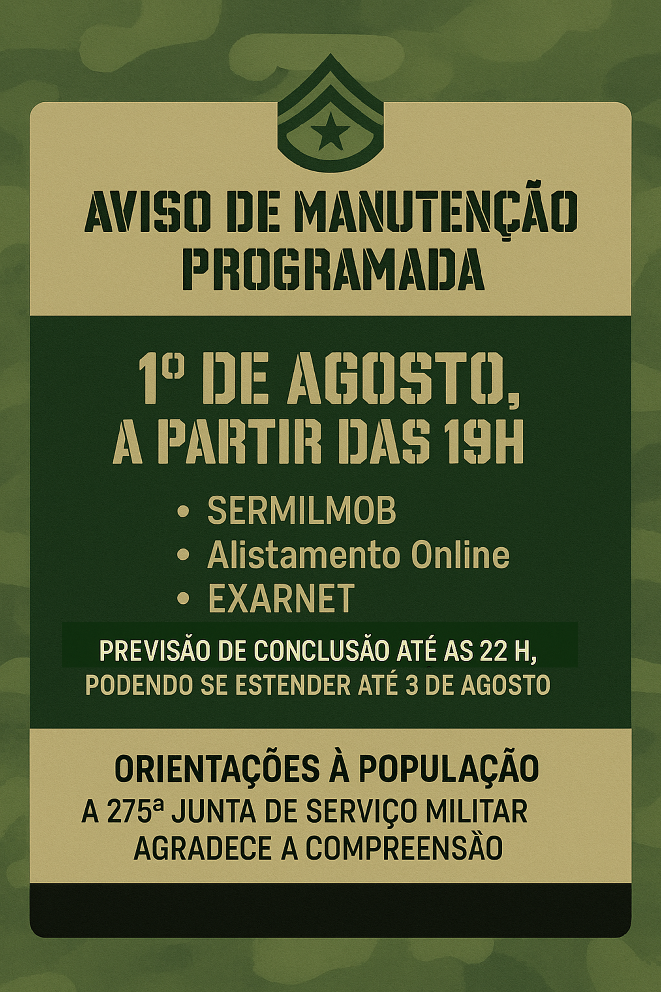 SISTEMAS DE SERVIÇO MILITAR PASSARÃO POR MANUTENÇÃO PROGRAMADA