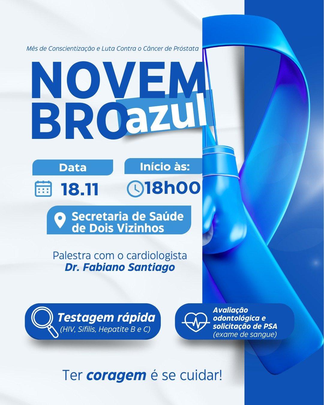NOVEMBRO AZUL TERÁ PALESTRA E AÇÕES DE SAÚDE NESTA TERÇA-FEIRA
